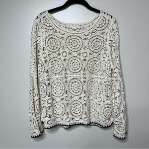Ultra Pink Crochet Long Sleeve Top Womens L Ivory Black Trim Boho